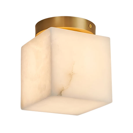 The Bravora 1 Light Cube Alabaster Semi-Flush Ceiling Light in Soft White & Brushed Brass offers a warm glow and modern style with its brushed brass base and frosted cube alabaster shade, bringing contemporary elegance to any room.