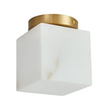 The Bravora 1 Light Cube Alabaster Semi-Flush Ceiling Light pairs a brushed brass base with a soft white cube-shaped alabaster shade, bringing sleek, contemporary style to any space.