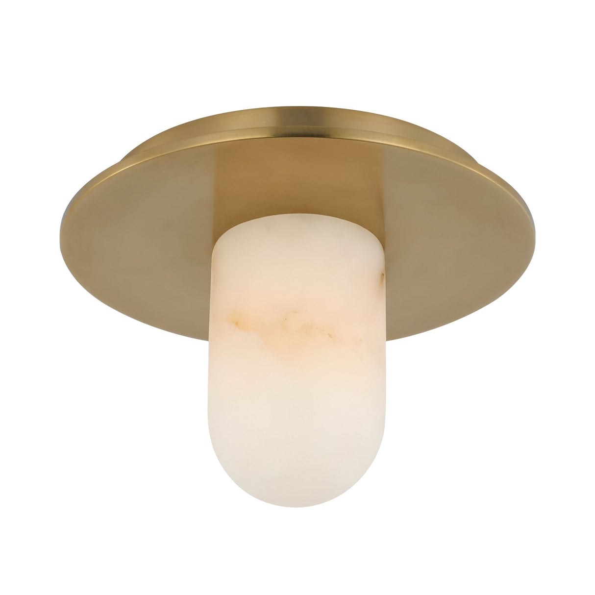 The Arvello 1 Light Dome Alabaster Semi-Flush Ceiling Light in soft white and brushed brass features a round dome base and a smooth, cylindrical alabaster glass shade that extends elegantly downward.