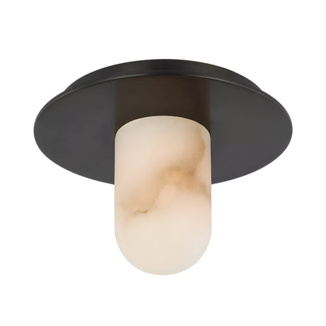 The Arvello 1 Light Dome Alabaster Semi-Flush Ceiling Light features a soft white alabaster cylindrical shade with subtle brown marbling and a matte black round canopy for a modern touch.