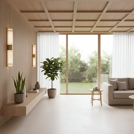 Minimalist living room with wooden accents, large windows, neutral-toned sofa, potted plants, and a small round table. Soft natural light is elevated by the Averna LED Large Framed Alabaster Wall Light in Soft White & Brushed Brass for modern calm.