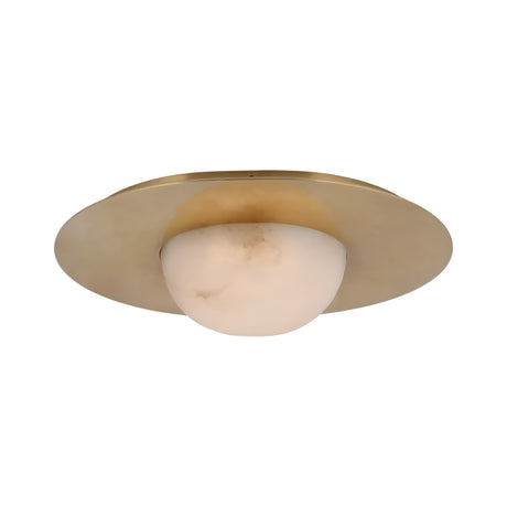 The Arvello 1 Light Wide Dome Alabaster Semi-Flush Ceiling Light in soft white and brushed brass features a sleek circular design with a rounded alabaster shade, adding modern sophistication to any room.