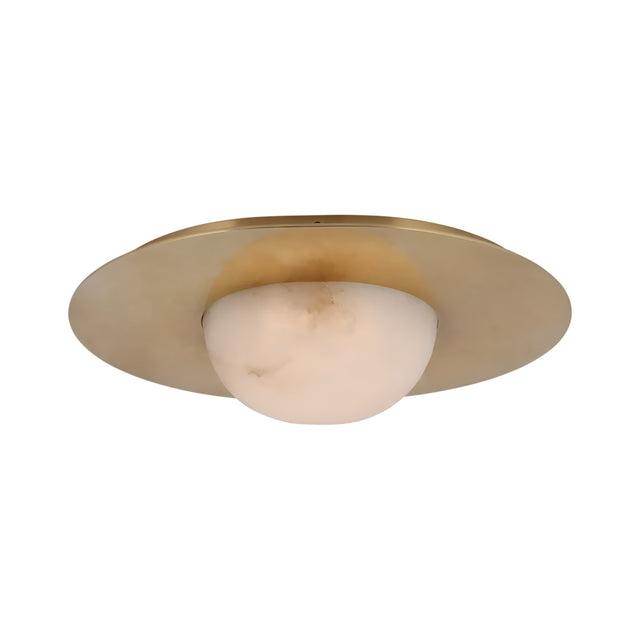 The Arvello 1 Light Wide Dome Alabaster Semi-Flush Ceiling Light in soft white and brushed brass features a sleek circular design with a rounded alabaster shade, adding modern sophistication to any room.