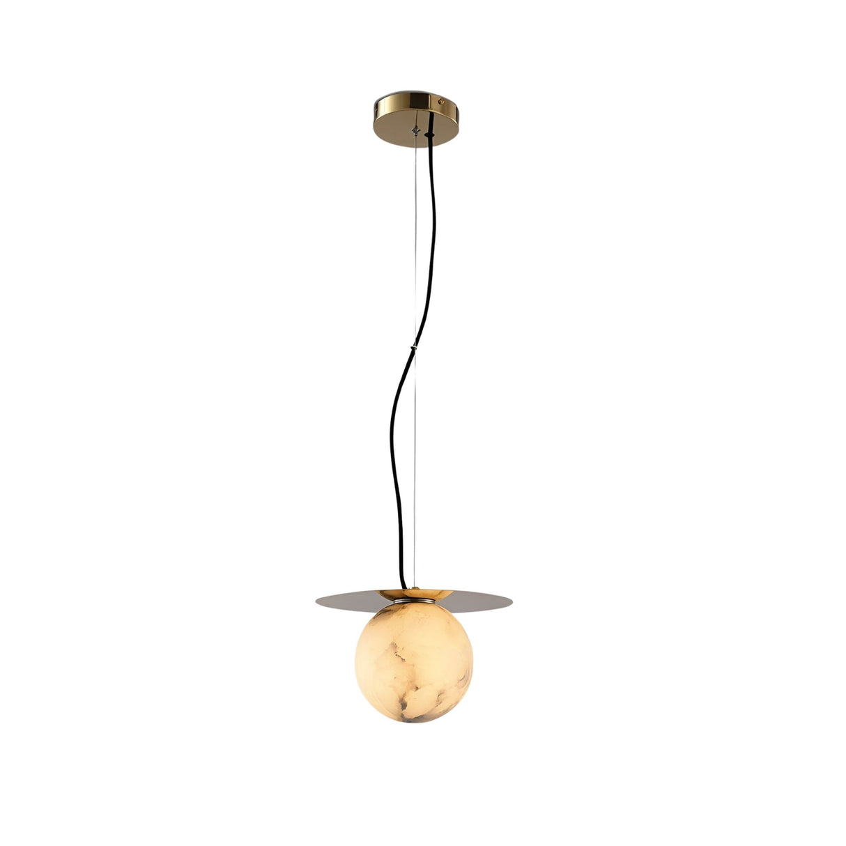 The Marenzo 1 Light Small Orb Alabaster Pendant features a soft white, marble-like globe shade, a brushed brass disc accent, and a black cord hanging from a round gold ceiling mount.