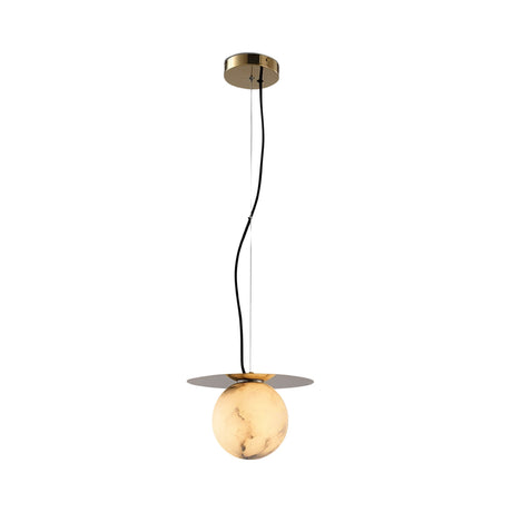 The Marenzo 1 Light Large Orb Alabaster Pendant features a round light bulb and elegant Spanish alabaster for a soft, natural glow, finished in soft white and brushed brass.