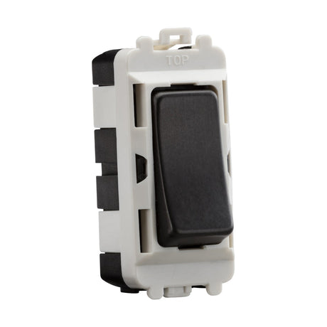 A close-up of a smoked bronze rocker light switch, framed by white, is part of the Knightsbridge Grid system. This 20AX 2-way single pole switch is in the off position and labeled TOP at the top edge, set against a plain white background.