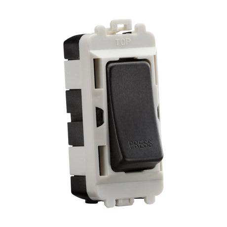 A black rectangular doorbell button labeled PRESS, mounted on a white base with black trim and featuring TOP at the top, seamlessly complements any setting, similar to the smoked bronze 20AX 2 Way Retractive SP Module from the Knightsbridge Grid system.