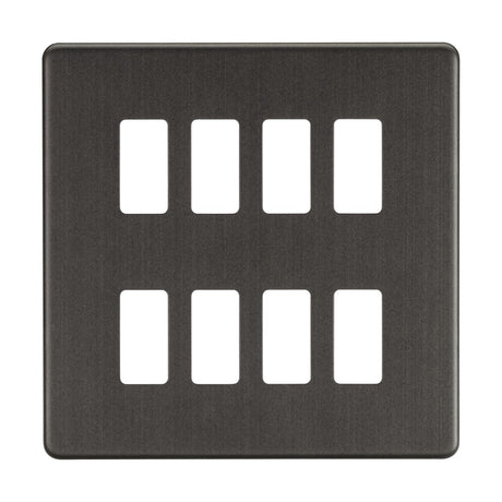 The Screwless 8 Gang Grid Faceplate in Smoked Bronze showcases eight rectangular openings, arranged in two rows of four, and boasts a brushed finish. Constructed from premium grade steel, this grid wall plate offers a sleek and modern aesthetic to any room.