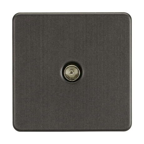 A smoked bronze TV Outlet (Non-Isolated) features a black brushed metallic square panel with a central circular element reminiscent of a coaxial TV outlet. Its minimalistic and modern aesthetic is enhanced by the screwless design, all set against a pristine white background.