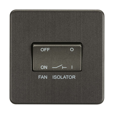 The 10AX Fan Isolator Switch in sleek smoked bronze features a screwless, low-profile design with an on/off toggle and FAN ISOLATOR label for effective ventilation fan control.