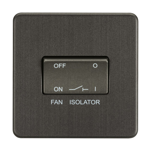 The 10AX Fan Isolator Switch in sleek smoked bronze features a screwless, low-profile design with an on/off toggle and FAN ISOLATOR label for effective ventilation fan control.