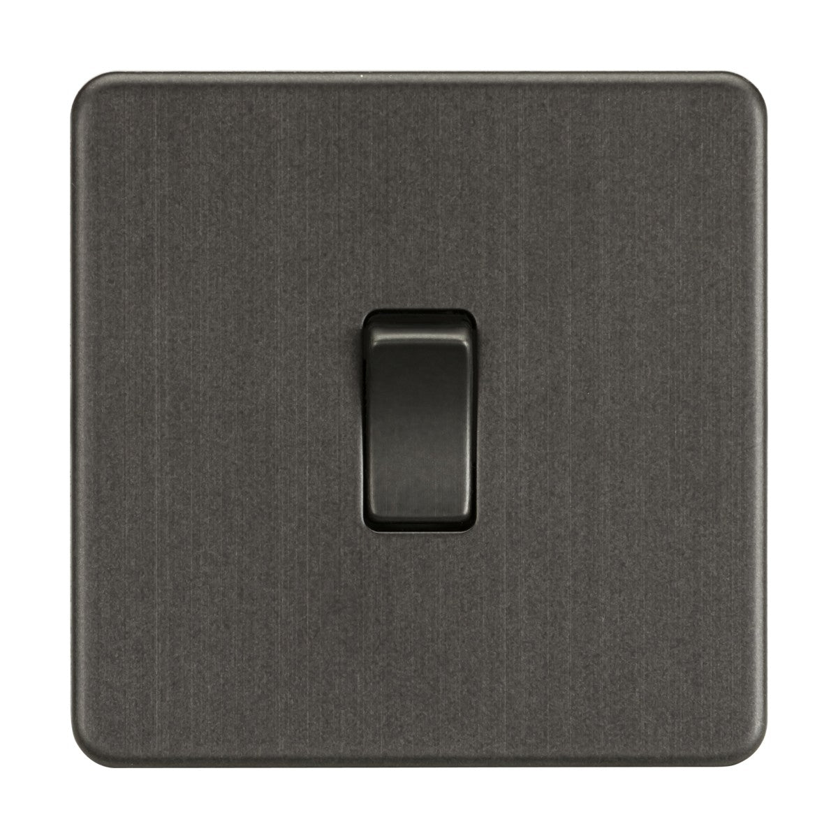 A 10AX 1 Gang Intermediate Switch, in smoked bronze on a brushed metal plate, is centered in the image. Its sleek, modern design complements transitional interiors.