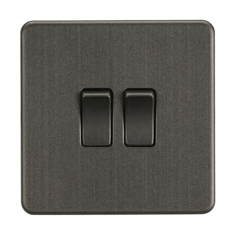 A smoked bronze 10AX 2-gang 2-way switch, featuring contemporary elegance in a screwless design, showcased against a plain white background with slightly raised rectangular switches in a sleek square frame.