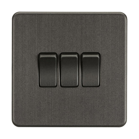 The 10AX 3 Gang 2-Way Switch in smoked bronze boasts a sleek, screwless design with three rectangular switches side by side.