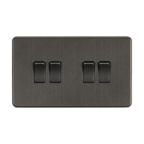 A smoked bronze 4-gang switch panel with a screwless design, crafted from premium-grade steel against a white background, features four evenly spaced switches in the off position—perfect for modern interiors.