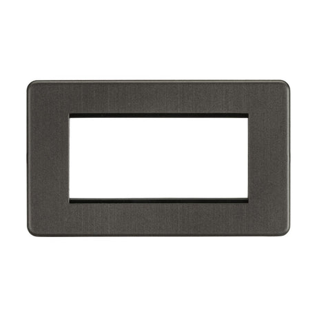 Displayed against a white background, the 4 Gang Modular Faceplate in smoked bronze features a central opening suited for a double light switch or electrical outlet. Its screwless design enhances its sleek and modern aesthetic.