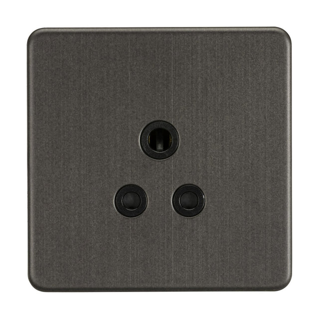 The 5A Unswitched Socket - Smoked Bronze is a square, dark grey electrical outlet with a screwless design that features three circular holes arranged in a triangular pattern, highlighted by its elegant smoked bronze finish, set against a plain background.