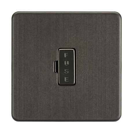 The 13A Fused Spur Unit in Smoked Bronze features a square black switch marked FUSE vertically, set on a matte black plate with subtle horizontal lines. Its screwless low-profile design adds sophistication and blends effortlessly into any space.