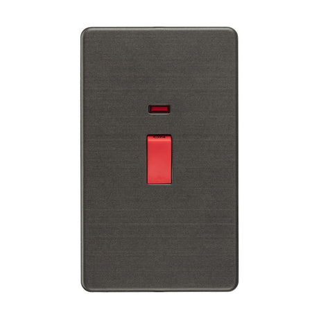 The 45A DP Neon Switch (2 Gang Size) in Smoked Bronze boasts a sleek rectangular design with a central red switch and a small red indicator light above it. Its screwless finish against a plain white background exudes modern elegance and functionality.