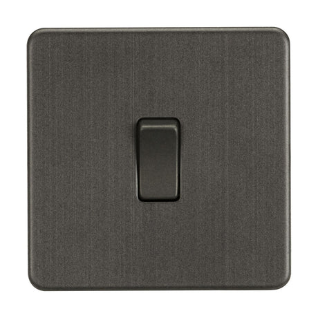 A close-up of the 20A 1 Gang DP Switch - Smoked Bronze (Screwless) features a centrally positioned black switch on a flat, matte smoked bronze plate.