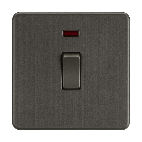 The 20A 1 Gang DP Switch Neon in smoked bronze features a minimalist screwless design on a dark wall plate. With the switch in the off position, the red indicator above it stands out, and its smooth texture enhances the elegance of its surroundings.