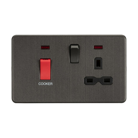 A smoked bronze, screwless cooker control unit features a 45A DP switch with a red label marked Cooker on the left, a sleek black insert in the center, and a standard three-pin power outlet on the right.