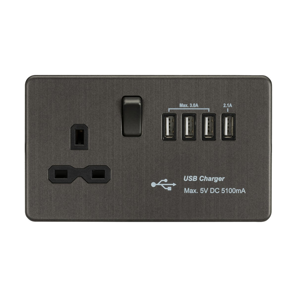 13A Switched Socket with Quad USB-A (5V DC 5.1A shared) - Smoked Bronze with Black Insert