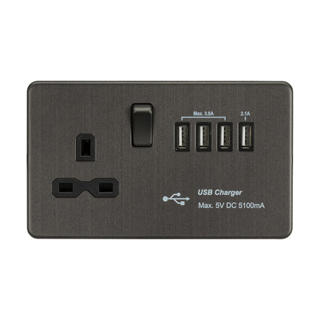 13A Switched Socket with Quad USB-A (5V DC 5.1A shared) - Smoked Bronze with Black Insert