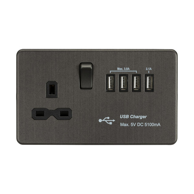 13A Switched Socket with Quad USB-A (5V DC 5.1A shared) - Smoked Bronze with Black Insert