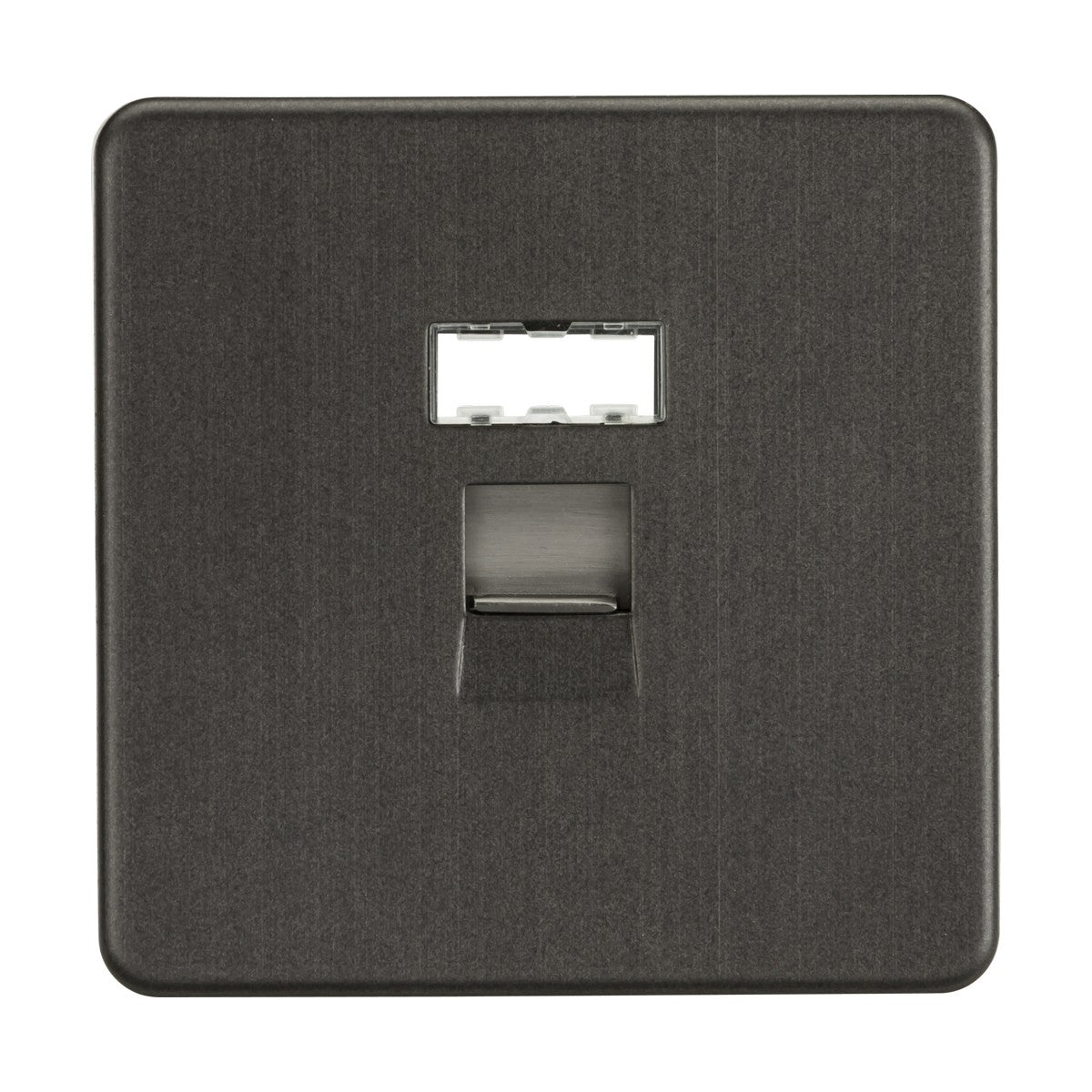 The RJ45 Network Outlet in Smoked Bronze showcases a modern square faceplate with a central rectangular opening for cable connection. Its screwless low-profile design promises an elegant and seamless fit, while the CAT5e RJ45 port delivers dependable wired networking.