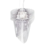 The Aeris 7 Light Extra Large Chandelier - White features modern geometric design with layered translucent panels forming intricate patterns, radiating outward and downward around a central light source for sculptural illumination.