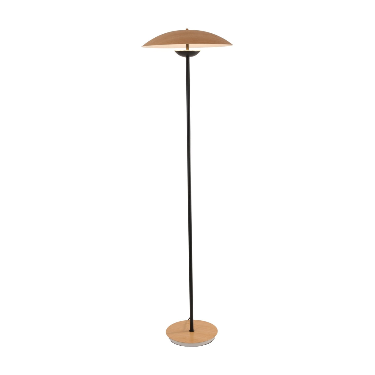 The Ex-Display Ginger LED Floor Lamp - Black & Oak features a slim black pole, round oak base, and a wide, shallow dome-shaped wooden shade for an elegant modern touch.