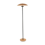 The Ex-Display Ginger LED Floor Lamp - Black & Oak features a slim black pole, round oak base, and a wide, shallow dome-shaped wooden shade for an elegant modern touch.