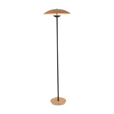 The Ex-Display Ginger LED Floor Lamp - Black & Oak features a slim black pole, round oak base, and a wide, shallow dome-shaped wooden shade for an elegant modern touch.