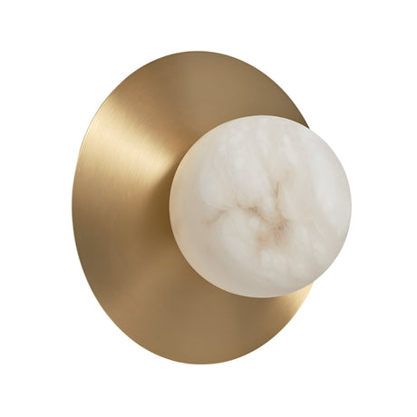 The Orvani 1 Light Globe Alabaster Wall Light features a round, brushed brass base and a spherical soft white alabaster shade for a modern look.