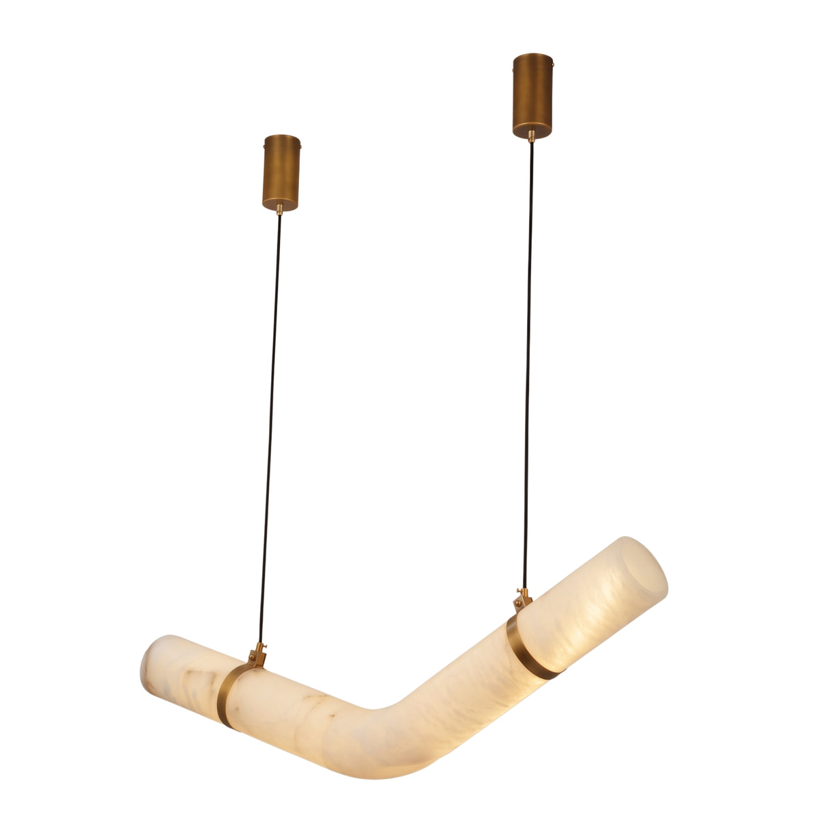 Zareon Large LED chevron alabaster chandelier with brushed brass collars and twin suspension cables, shown against a plain white background.