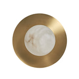 The Orvani 1 Light Globe Alabaster Wall Light features a central soft white alabaster dome set within a wide, circular brushed brass frame, viewed from above against a white background.