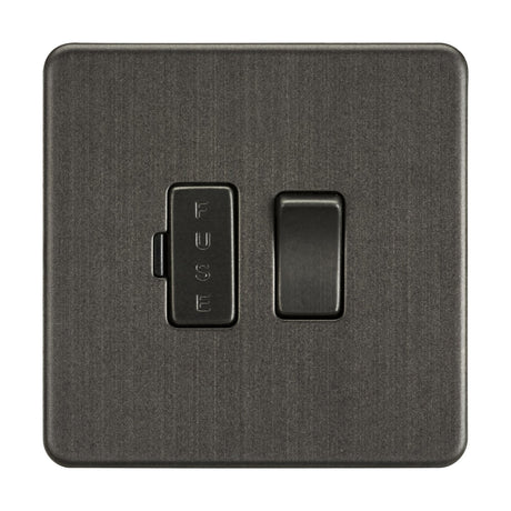 The 13A Switched Fused Spur Unit in smoked bronze has a sleek, screwless low-profile design with a switch and a vertically labeled FUSE slot. Its sophisticated matte finish makes it perfect for modern fused spur installations.