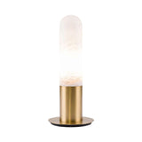 The Altessa 1 Light Small Vertical Alabaster Table Lamp in soft white and brass features a cylindrical frosted glass shade and brass-colored metal base, shown against a white background.