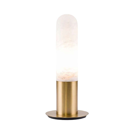 The Altessa 1 Light Small Vertical Alabaster Table Lamp in soft white and brass features a cylindrical frosted glass shade and brass-colored metal base, shown against a white background.