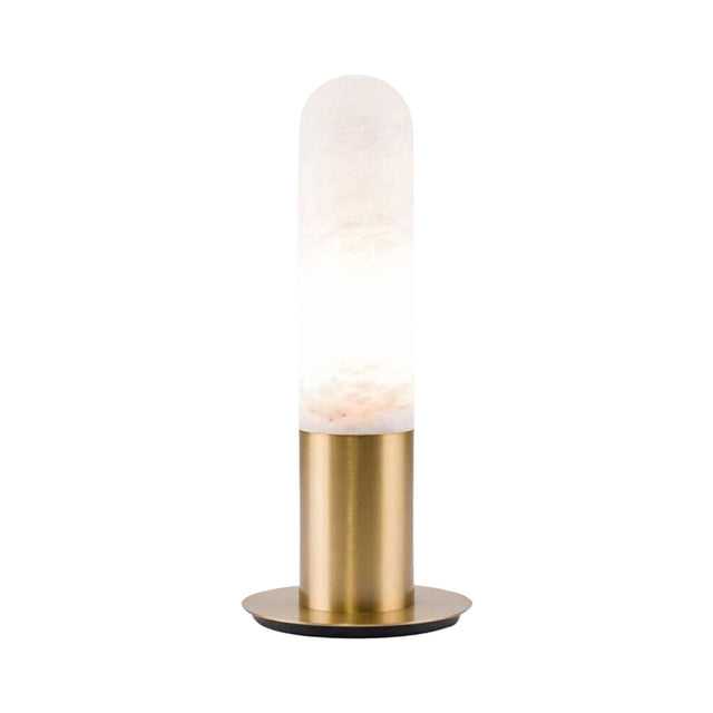 The Altessa 1 Light Small Vertical Alabaster Table Lamp in soft white and brass features a cylindrical frosted glass shade and brass-colored metal base, shown against a white background.