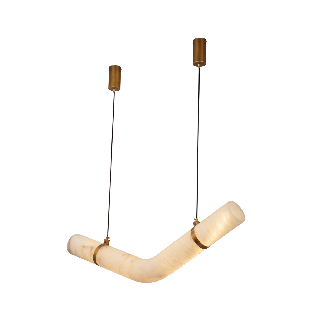 Zareon Small LED chevron chandelier with angled alabaster cylinder arms, brushed brass cuffs and dual black suspension cables, shown on a plain white background.