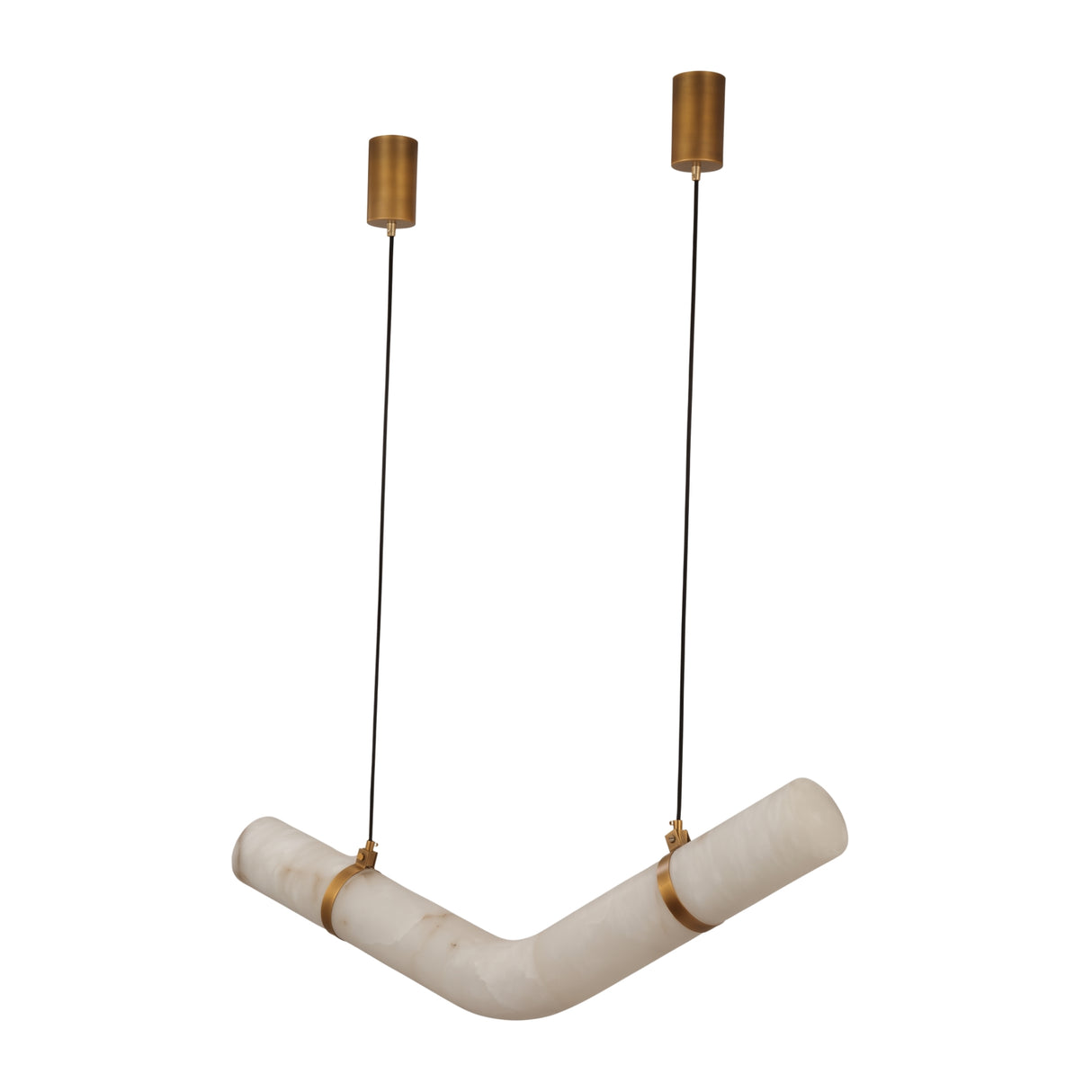 Zareon Large chevron chandelier with a bent alabaster tube pendant, brushed brass collars and dual suspension cables, shown on a plain white background.