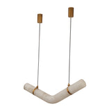 Zareon Large chevron chandelier with a bent alabaster tube pendant, brushed brass collars and dual suspension cables, shown on a plain white background.