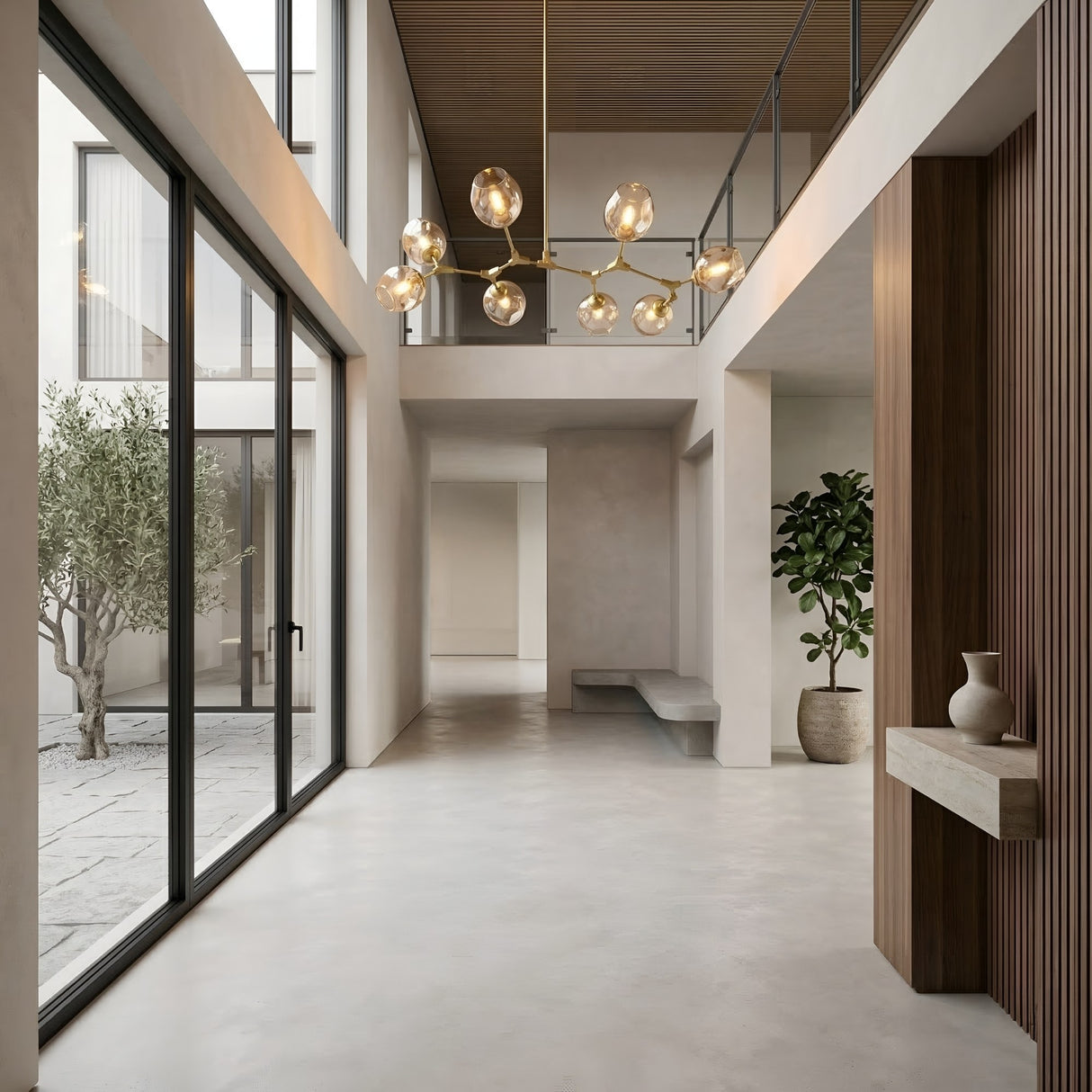 Minimalist, modern interior with tall ceilings, large glass doors, a Tree 8 Light Suspension - Gold as the contemporary chandelier, indoor plants, a built-in bench, and neutral walls and floors. Natural light fills the spacious hallway.