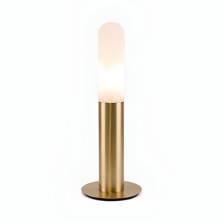 The Altessa 1 Light Large Vertical Alabaster Table Lamp features a modern brass base, cylindrical design, and an elongated frosted alabaster shade that emits soft white light, shown against a plain white background.
