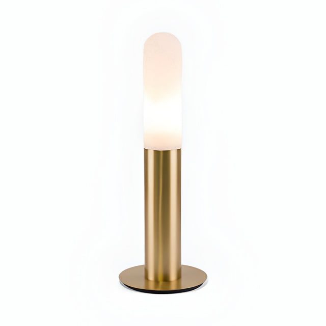 The Altessa 1 Light Large Vertical Alabaster Table Lamp features a modern brass base, cylindrical design, and an elongated frosted alabaster shade that emits soft white light, shown against a plain white background.