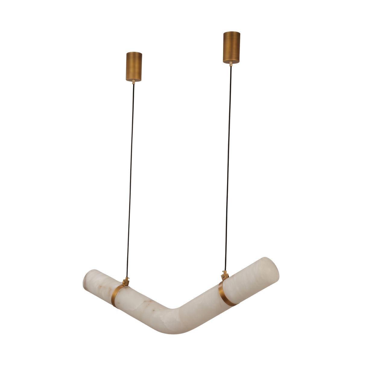 Zareon LED Medium Chevron Alabaster Chandelier in brushed brass, showing two angled alabaster cylinders joined by brass collars on dual cables, plain white background.