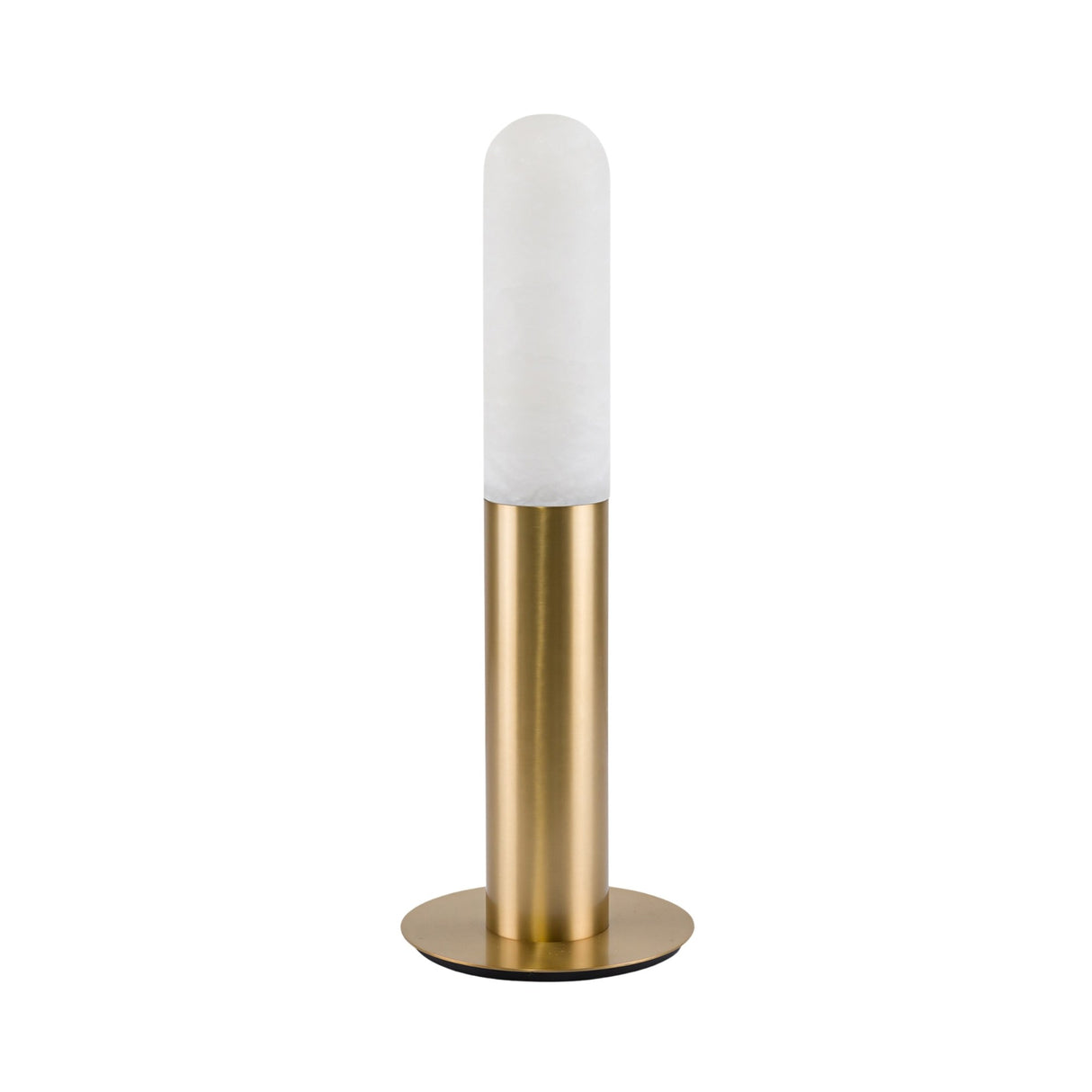 The Altessa 1 Light Large Vertical Alabaster Table Lamp in Soft White & Brass features a modern brass base and cylindrical alabaster shade, standing on a round platform to add elegance to any space.