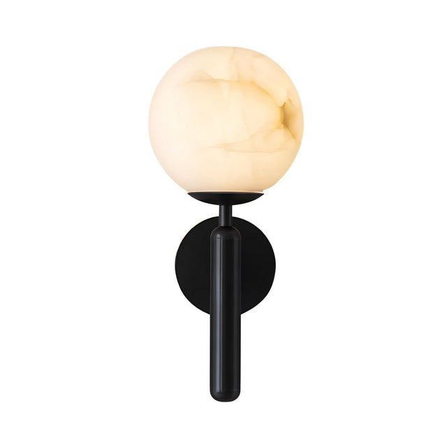 The Orvani 1 Light Sphere Alabaster Wall Light pairs a soft white alabaster globe with a matte black wall sconce and vertical stem, creating a modern look against a white background.